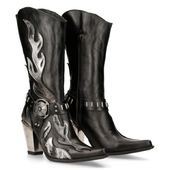 New Rock Shoes - New Rock Bull S2 Black & Silver Women's Leather & Chrome Cowboy Boots - 39 🔥